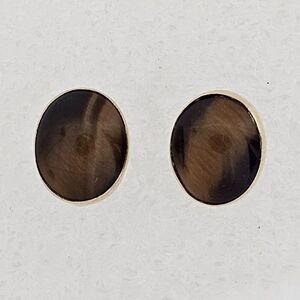 14K Yellow Gold Tiger Eye Gemstone Stone Oval Pierced Stud Earrings 2.30 Grams